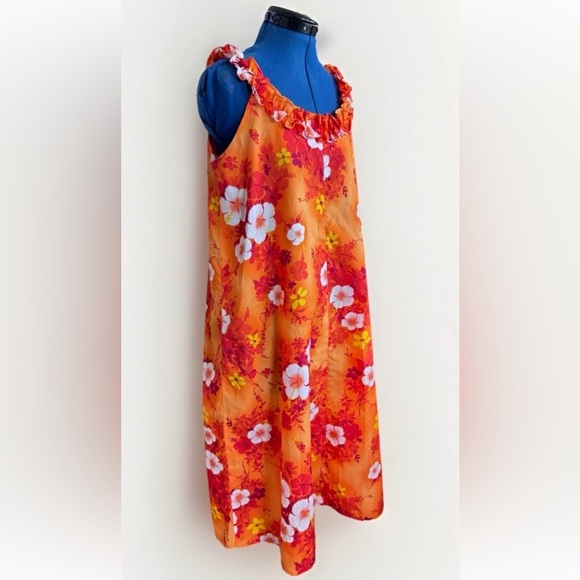 Vintage 70s Hukilau Paradise Hibiscus Floral Red Orange Ruffle Hawaiian Dress - Picture 1 of 10